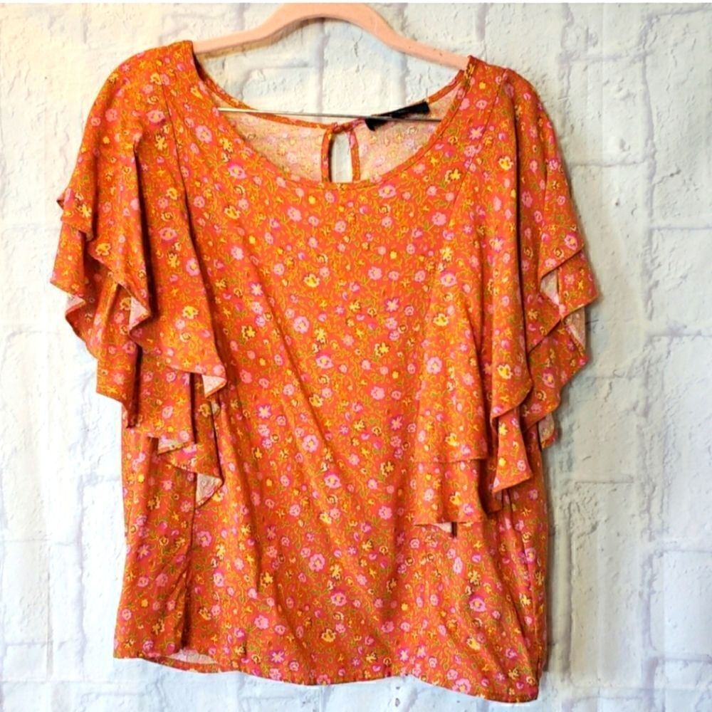 RACHEL BY RACHEL ROY Flutter Sleeve Floral Top